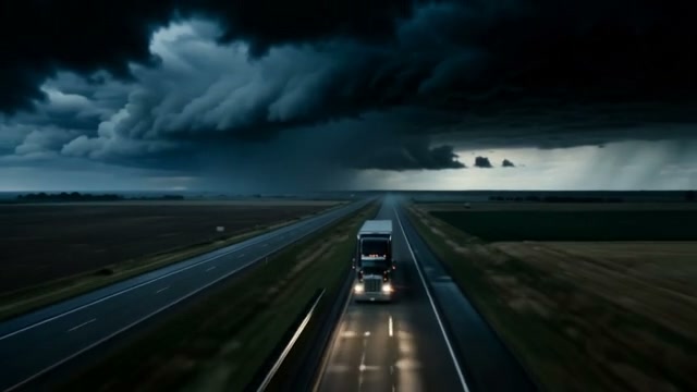 A large truck drives on a long highway under dark, dramatic storm clouds.