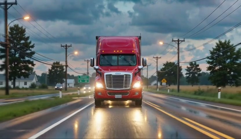 Red semi-truck driving toward camera on wet highway at dusk with reflections on slick pavement.