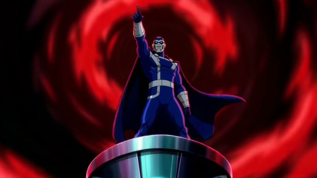 Masked animated superhero in a blue cape and silver armor points upward, standing on a metallic p...