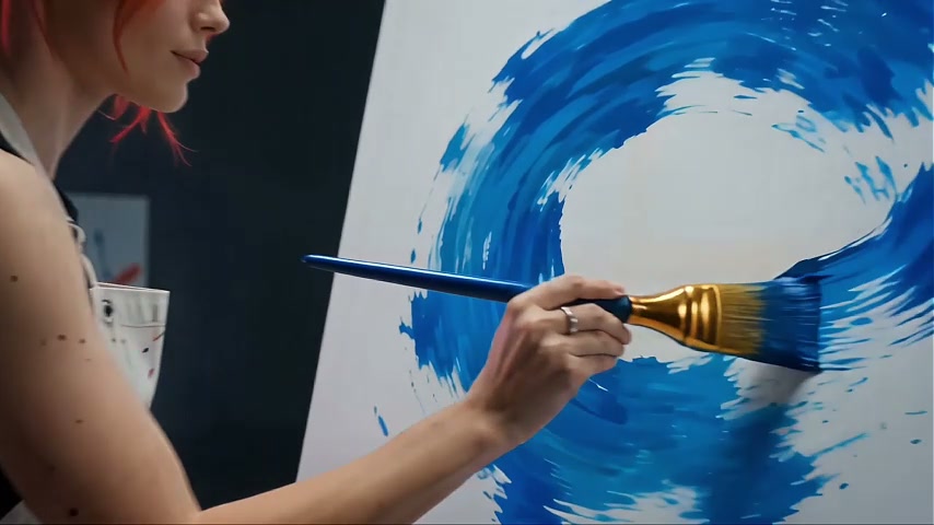 Female artist with red hair holds a large paintbrush applying bold blue circular strokes to a can...