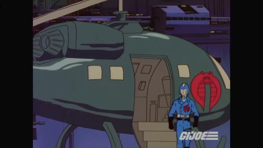 Vintage G.I. Joe cartoon still of a Cobra soldier exiting a marked green enemy helicopter, franch...