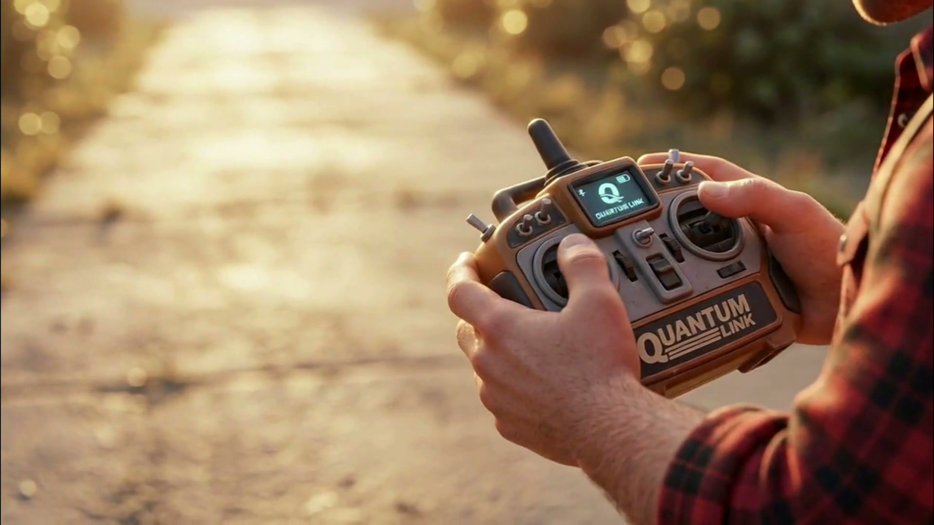Close-up of a person holding a rugged Quantum Link drone remote control on a sunlit rural path at...