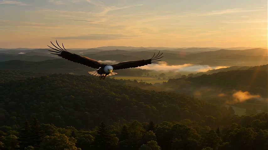 Bald eagle soars mid-flight toward the camera above misty forested mountain valleys at golden sun...