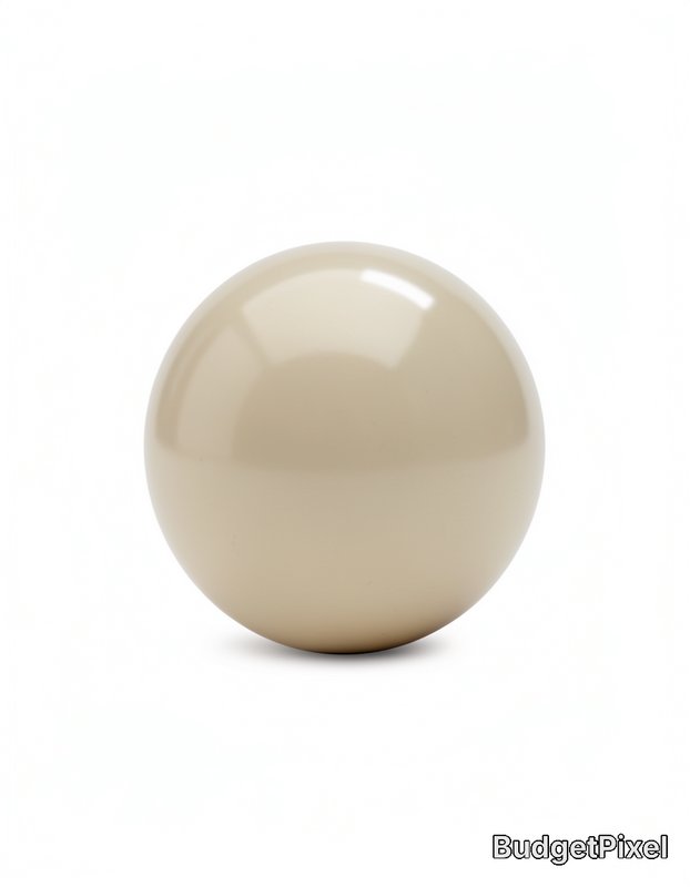 Glossy cream billiard cue ball resting on a plain white background, soft subtle shadow below the ...