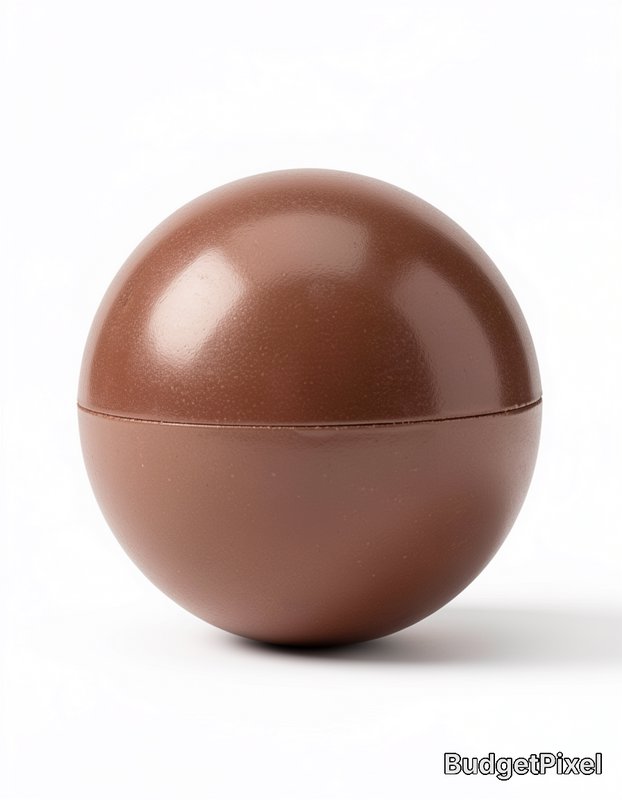 Smooth glossy milk chocolate sphere with a faint midsection seam, isolated against a plain white ...