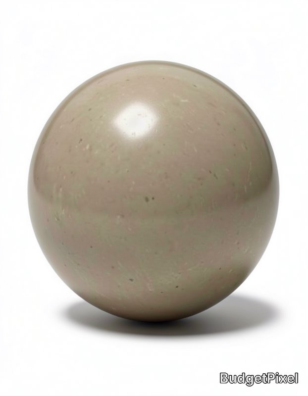 Polished muted beige speckled stone sphere with soft glossy finish, cast shadow on a plain isolat...