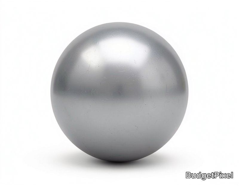 Brushed metallic silver sphere with faint surface scuffs, isolated on a plain white studio backgr...