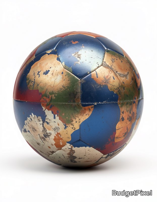 Distressed vintage soccer ball printed with antique world globe map design, isolated on plain whi...