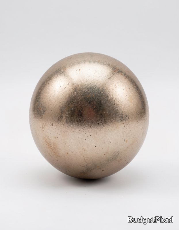 Aged brushed metallic silver sphere with subtle patina, displayed against a plain light gray stud...