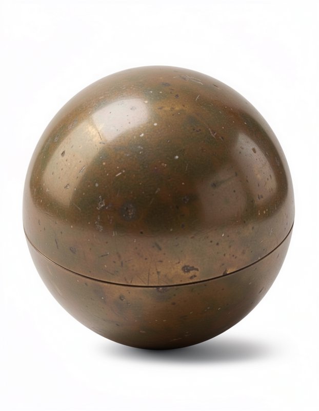 Aged patinated brass spherical lidded trinket box isolated on a plain white studio background