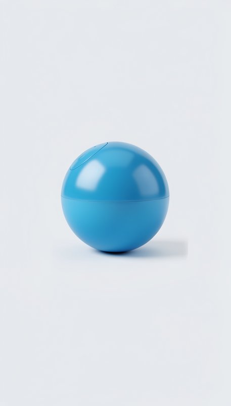 Glossy bright blue spherical plastic gadget resting on a plain light gray minimalist studio backg...