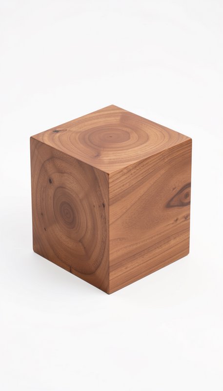 Isometric view of a finished solid hardwood cube with prominent natural tree growth rings, set ag...