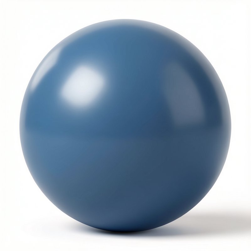 Glossy muted blue 3D sphere resting on a plain white background with soft highlights and a subtle...