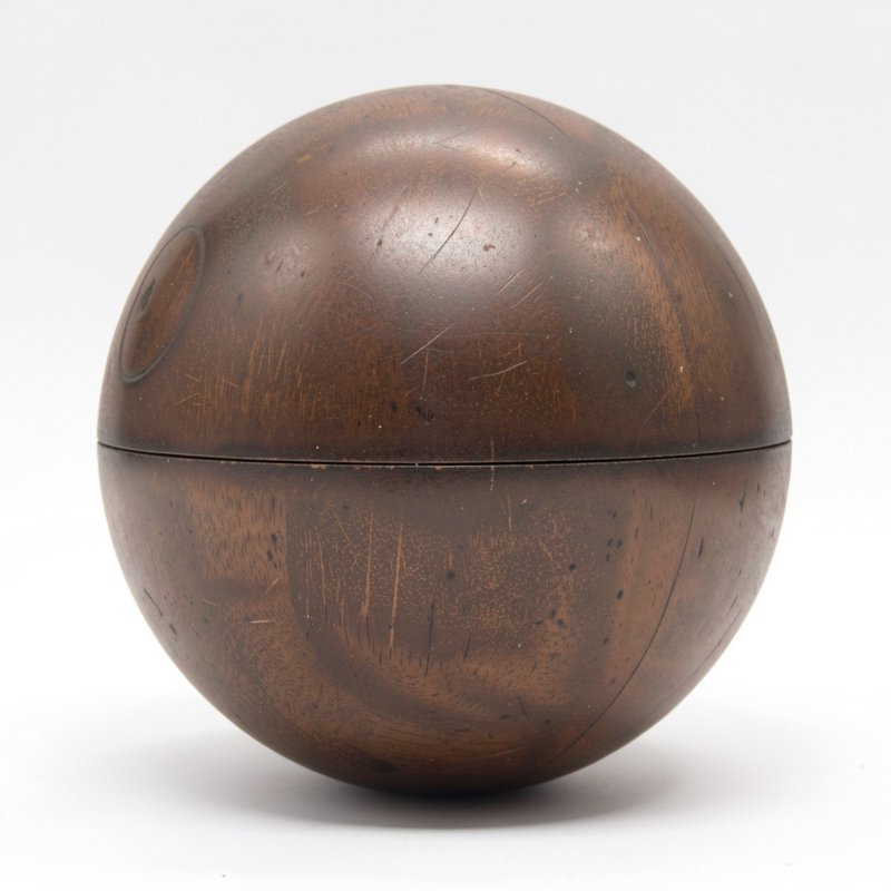 Worn vintage dark brown wooden spherical lidded container, isolated on a plain white studio backg...
