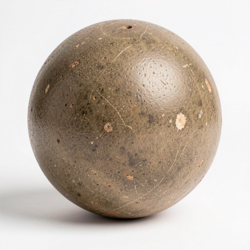 Weathered antique ceramic spherical artifact with scratched pitted surface, small top hole, isola...