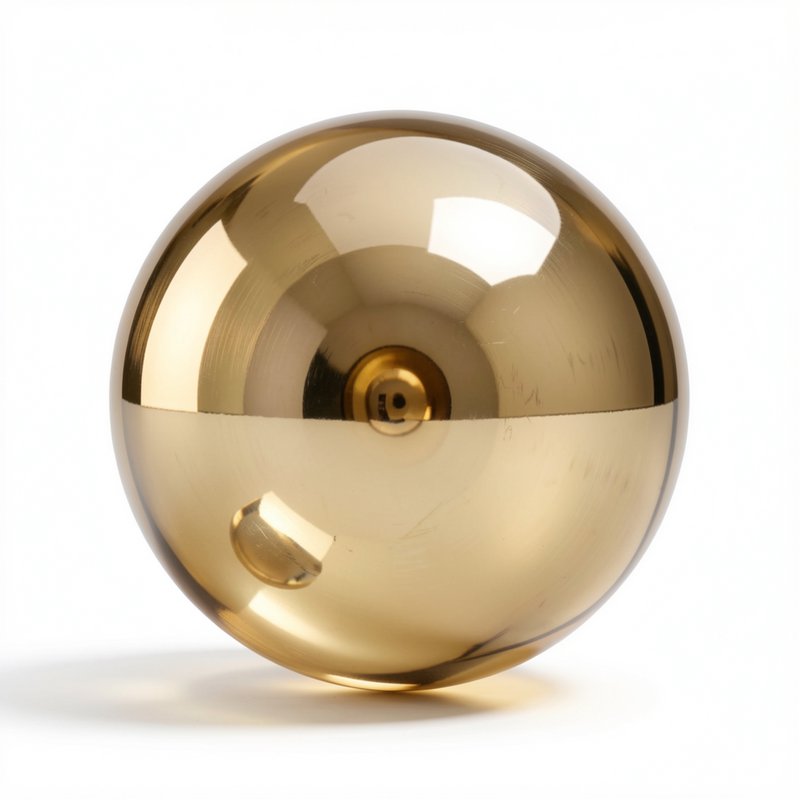 Close-up of a highly polished reflective golden brass sphere resting against a plain white studio...