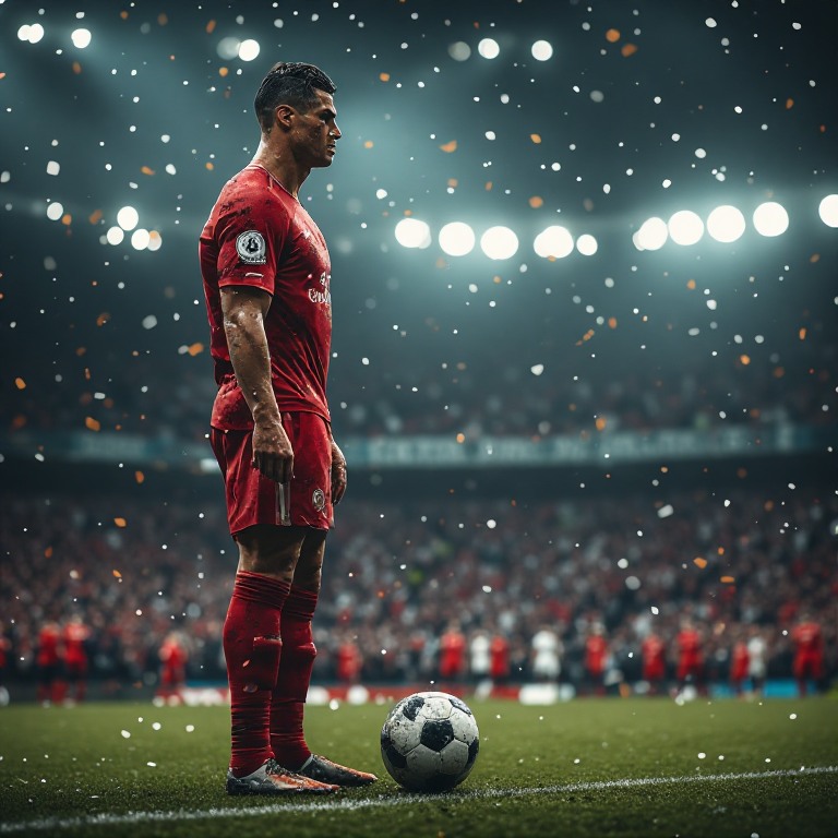 Male soccer player in a red jersey standing with a ball on the field amid confetti under stadium lights.
