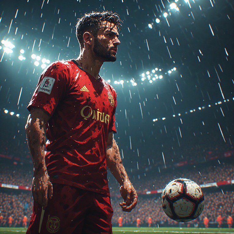 Soccer player in a red kit standing in the rain under stadium lights.