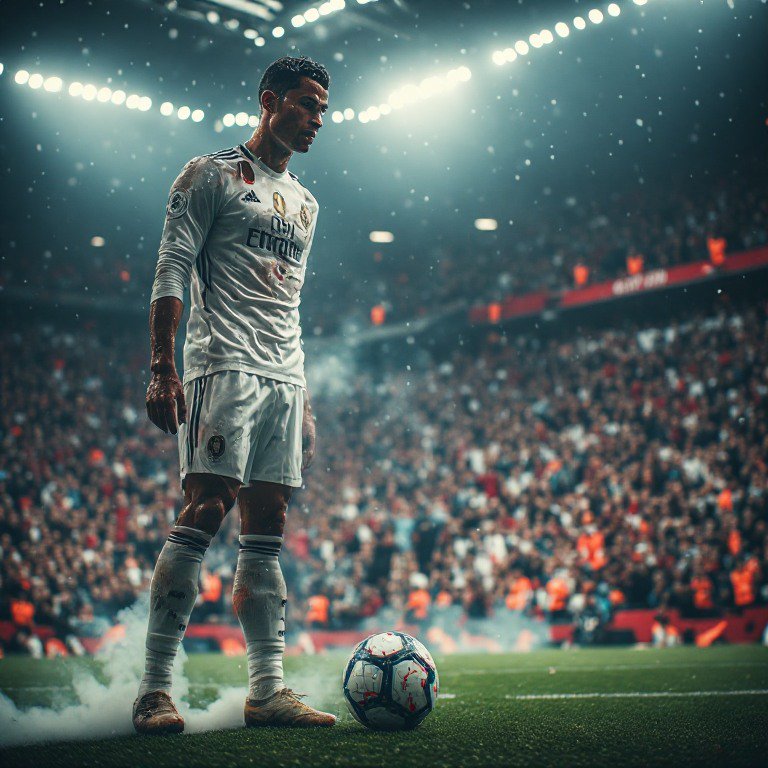 A professional footballer in a white kit stands over the ball on a rain-soaked stadium pitch with a crowded arena behind.