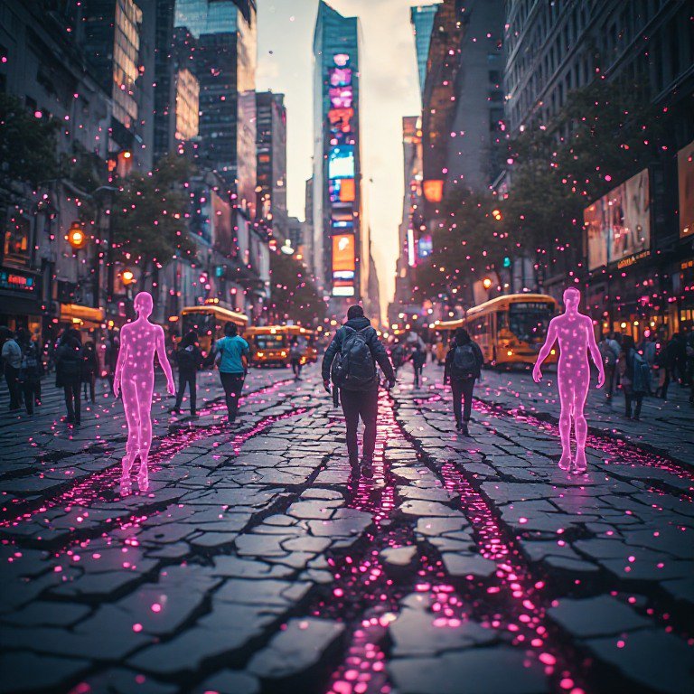 Futuristic cyberpunk city street with glowing pink hologram figures, floating magenta light particles, and commuters