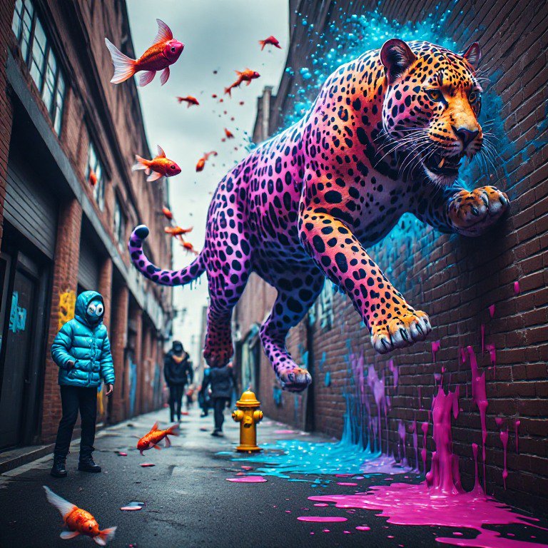 Surreal industrial alley scene with pink-purple spotted jaguar leaping from brick wall, floating goldfish, hooded onlooker
