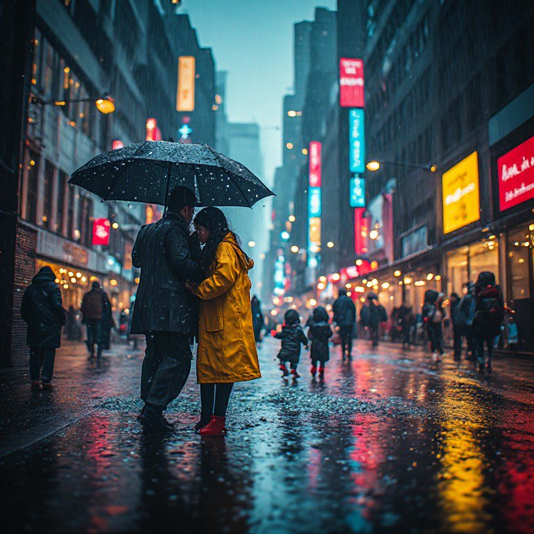 Intimate couple huddling under a rain-speckled black umbrella on a neon-lit rainy downtown city s...