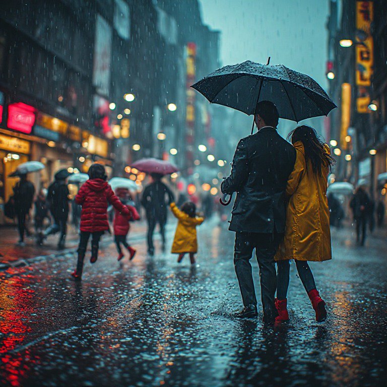 Couple sharing a black umbrella walks down a rainy city street as children splash in puddles at d...