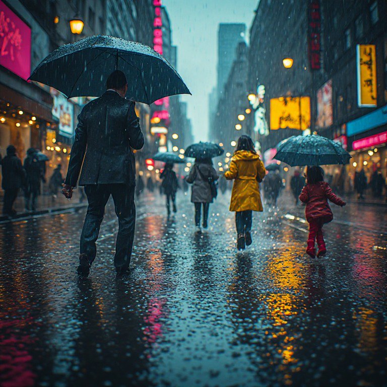 Pedestrians with umbrellas walk along a rain-soaked neon-lit downtown city street as heavy rain f...