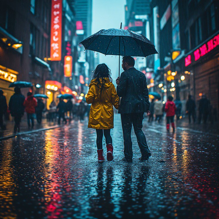 Back view of a couple sharing a black umbrella walking down a rain-soaked neon-lit city street at...
