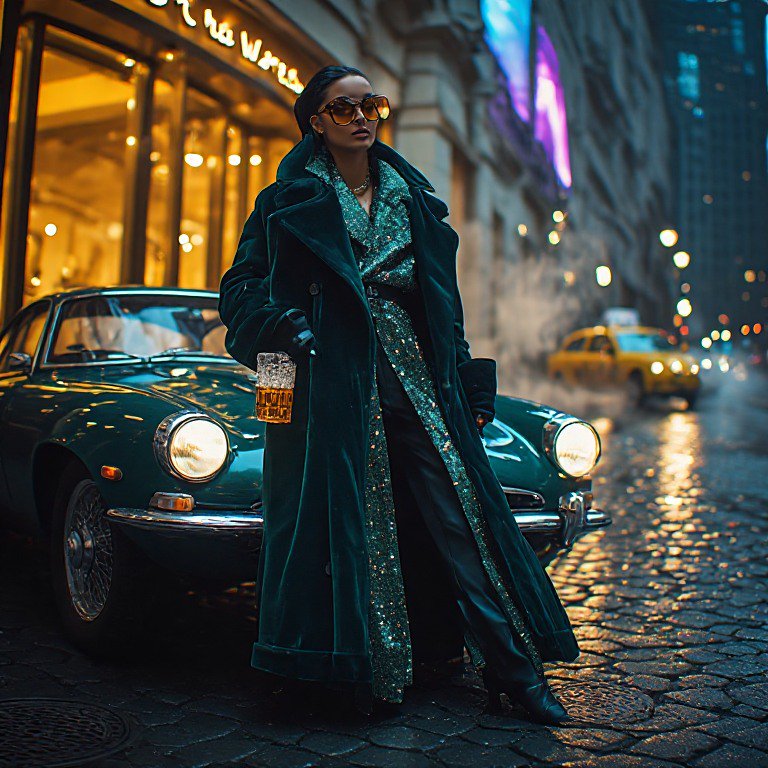 Glamorous woman in emerald velvet coat poses next to vintage green car on rain-slicked neon city ...
