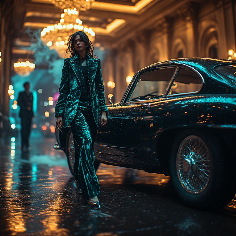 Woman in shimmering emerald suit walks beside a wet glossy vintage sports car on a chandelier-lit...