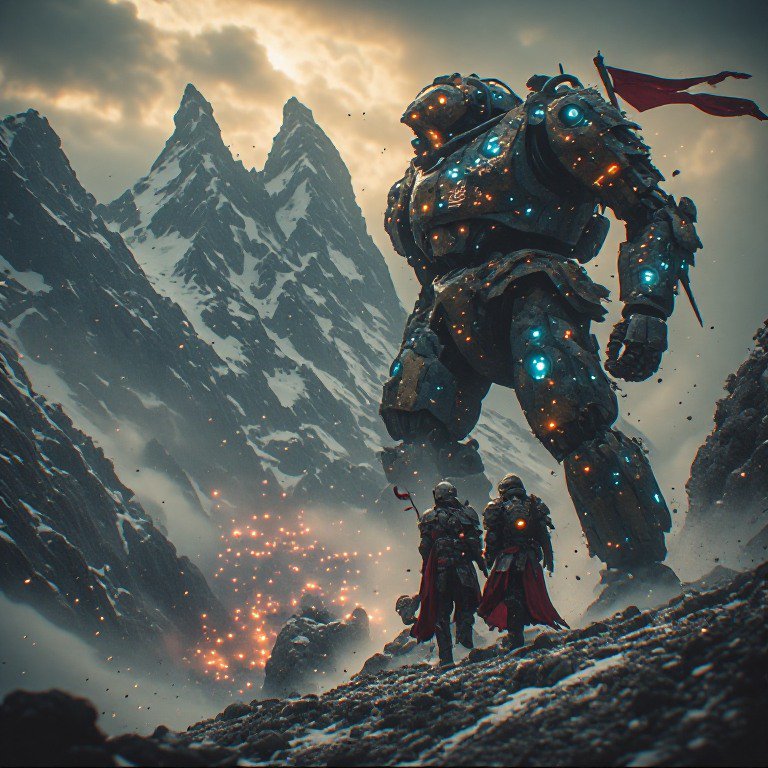 Giant glowing armored mech stands with two red-cloaked soldiers on a misty snowy mountain at gold...