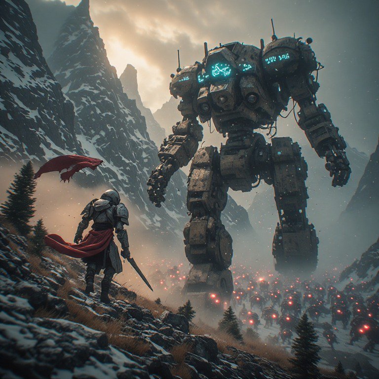 Lone armored knight with a flowing red cape faces a towering glowing battle mech and advancing ro...