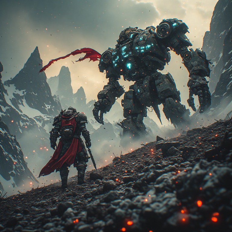 Lone armored knight with flowing red cape faces giant glowing mech on snowy rocky mountain battle...