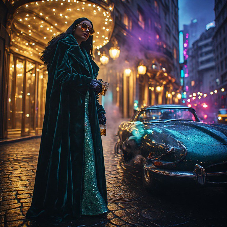 Glamorous woman in an emerald velvet coat stands by a vintage sports car on a wet neon-lit city s...