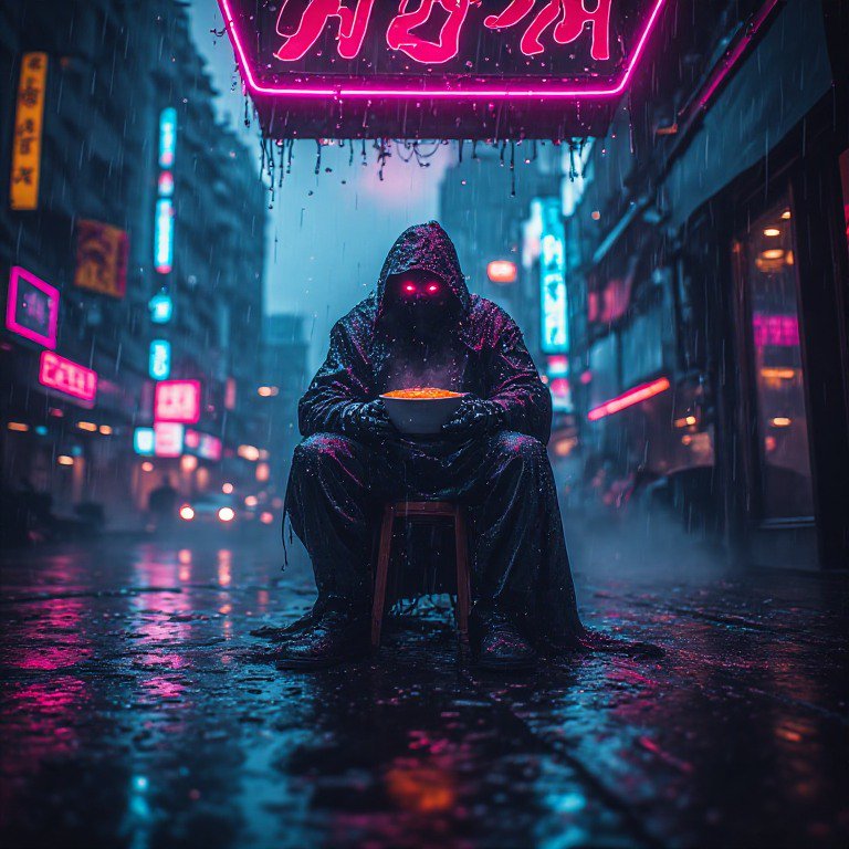 Hooded figure with glowing red eyes holds a steaming ramen bowl seated on a rainy neon-lit cyberp...