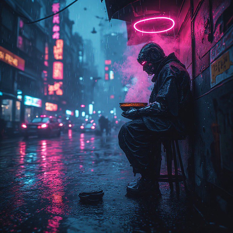 Cyberpunk character sits eating hot food under pink neon on a rain-soaked neon city street at night