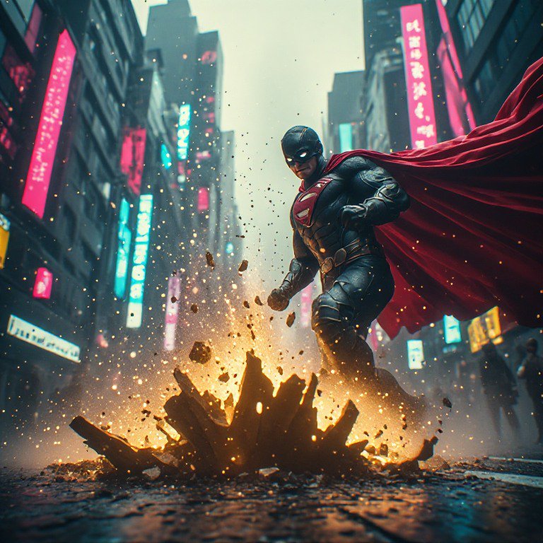 Armored caped superhero lands with explosive force, cracking neon city street as debris and glowi...