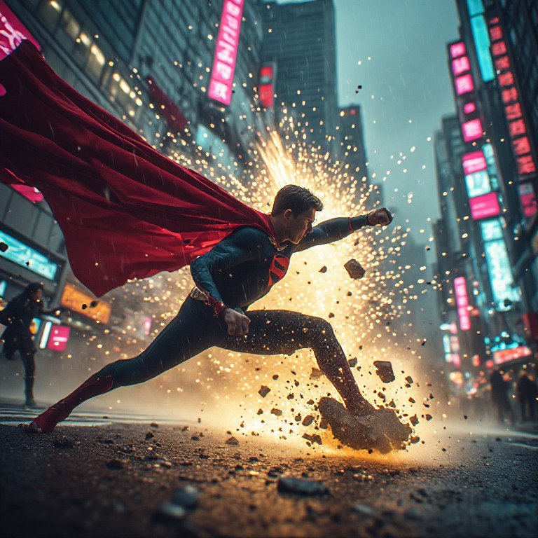 Superman strikes a powerful pose shattering pavement on a rainy neon-lit downtown street, sparks ...