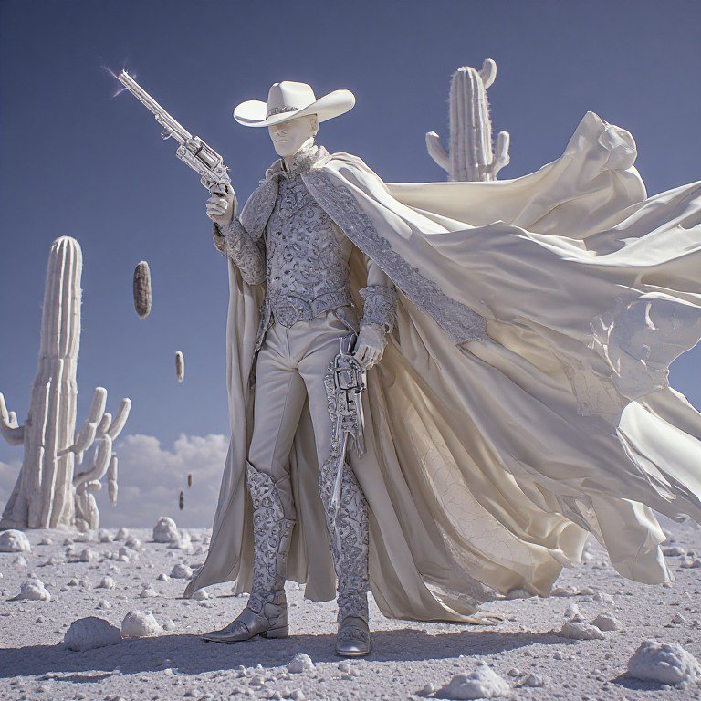 Surreal all-white ornate cowboy holding revolvers stands in pale desert with bleached saguaro cacti
