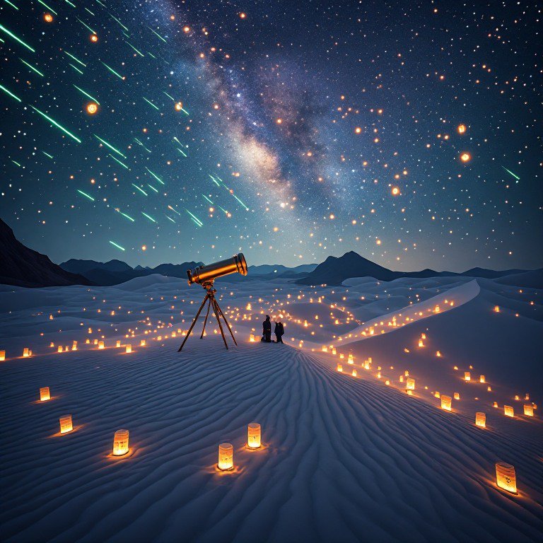 Vintage brass telescope on lantern-lit desert dunes, two stargazers watch a meteor shower under t...