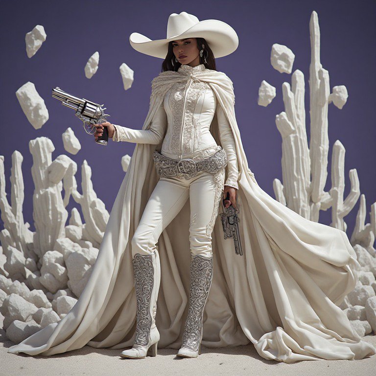 Glamorous woman in ornate all-white cowgirl attire holds two silver revolvers in a surreal white ...