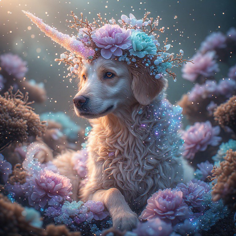 Fluffy golden retriever unicorn dog with glittery horn and floral crown sits among pastel magical...