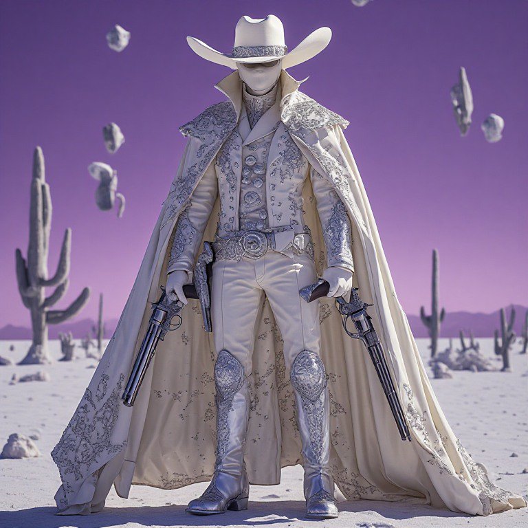 Masked ornate white space cowboy holding revolvers stands in a purple alien desert with floating ...