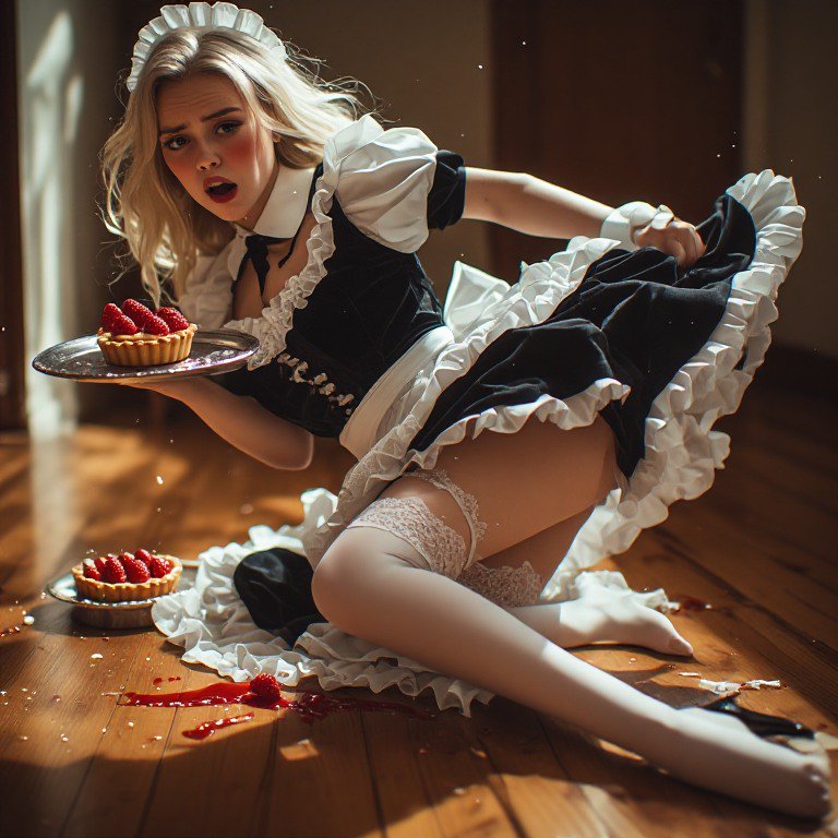 [Flustered blonde French maid mid-fall, holding a raspberry tart with spilled pastry across sunlit hardwood floor]
