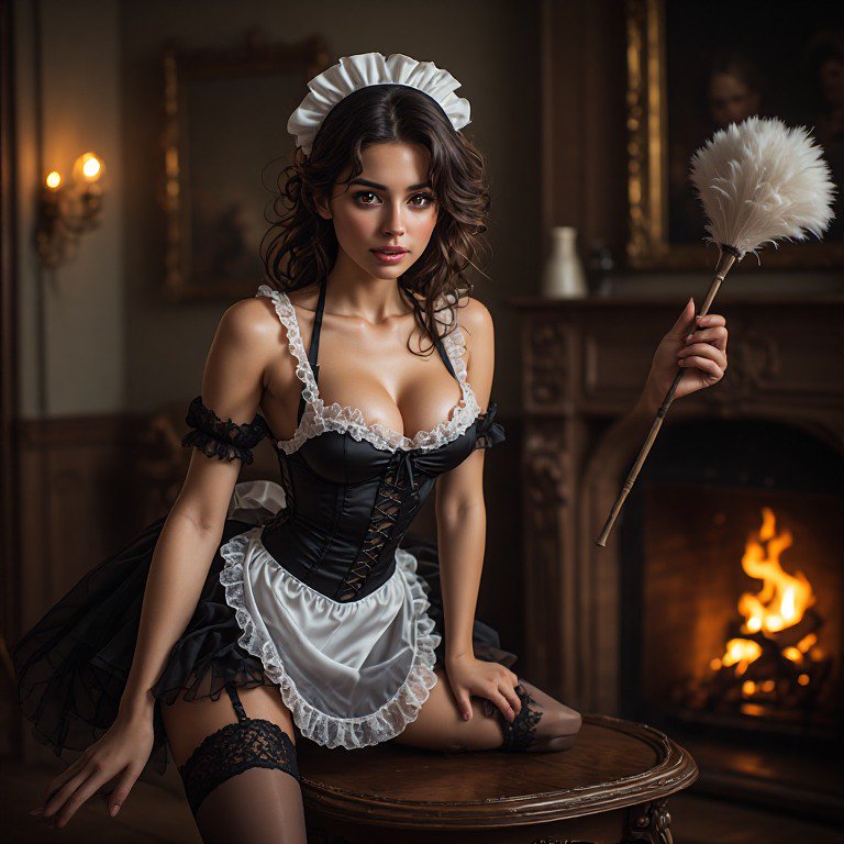 Woman in a lacy French maid costume holds a feather duster beside a glowing lit fireplace