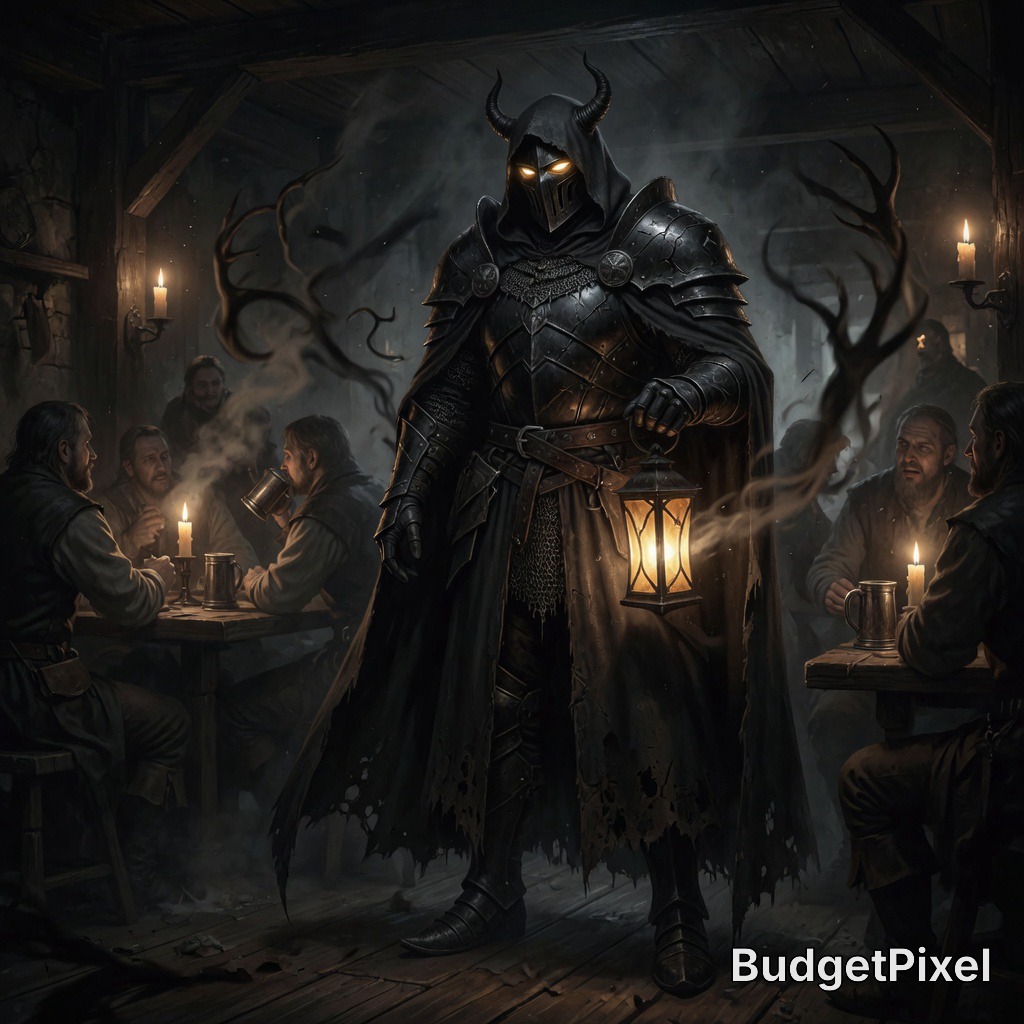 Dark hooded knight in horned helmet with lantern, standing in a candlelit medieval tavern.