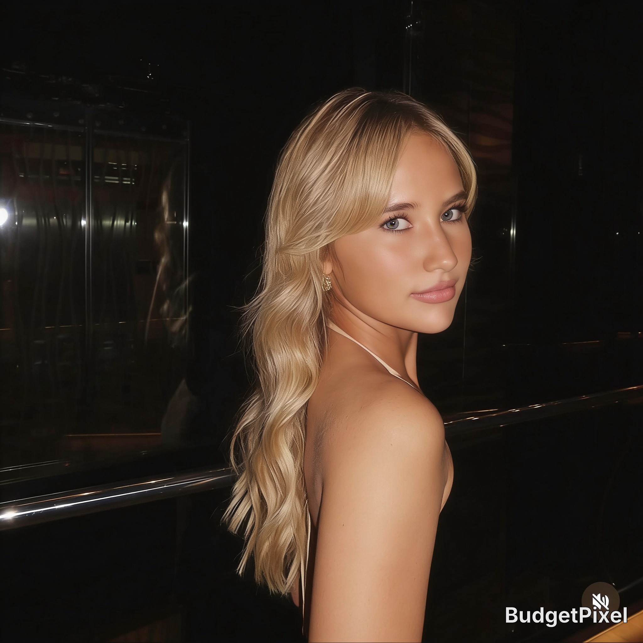 Blonde woman in halter top posing with wavy hair at night.