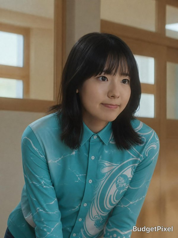 Young woman with dark hair in a turquoise patterned shirt indoors.