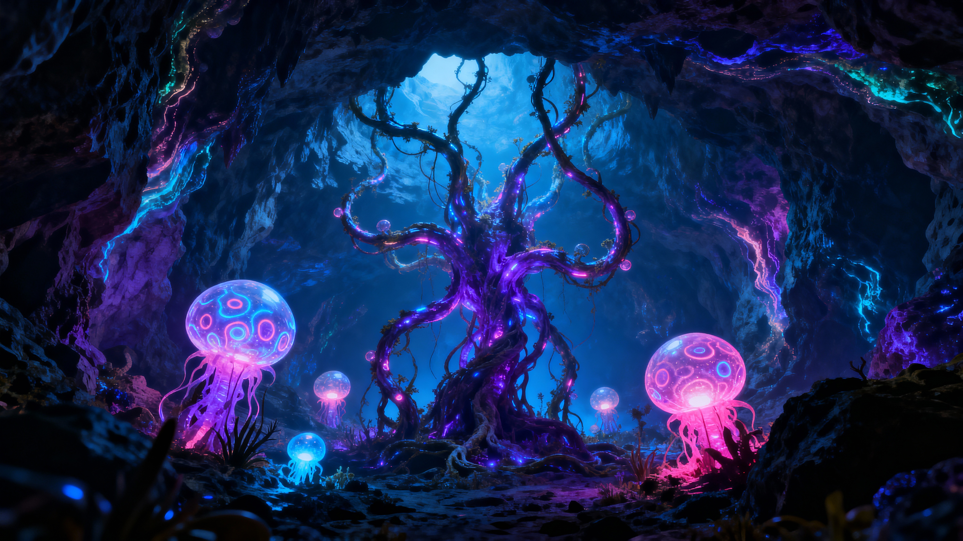 Bioluminescent underwater cavern with glowing purple jellyfish and neon trees.